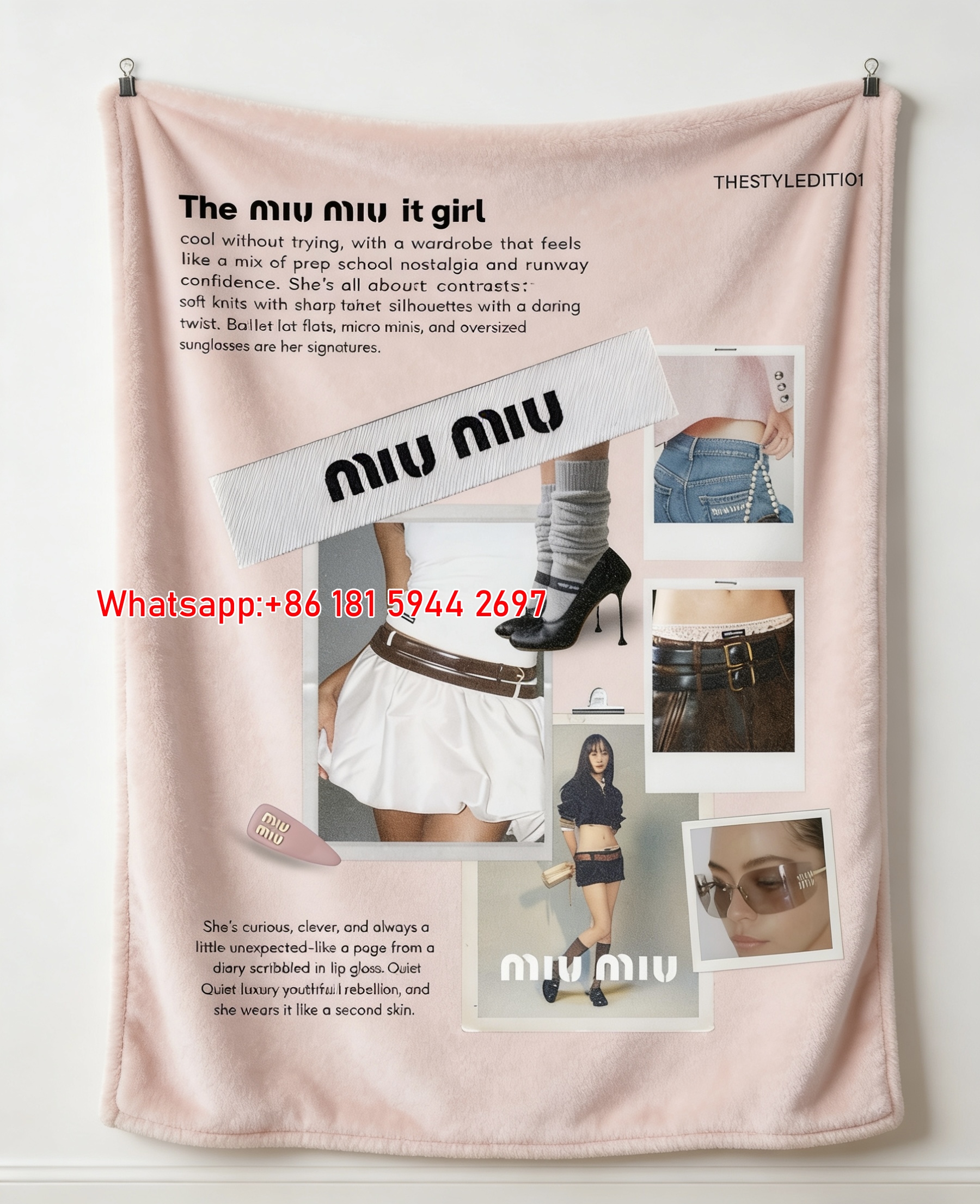 Miu Miu Pink & White Preppy It Girl Collage Printed Flannel Sofa Throw Blanket IMG_0486